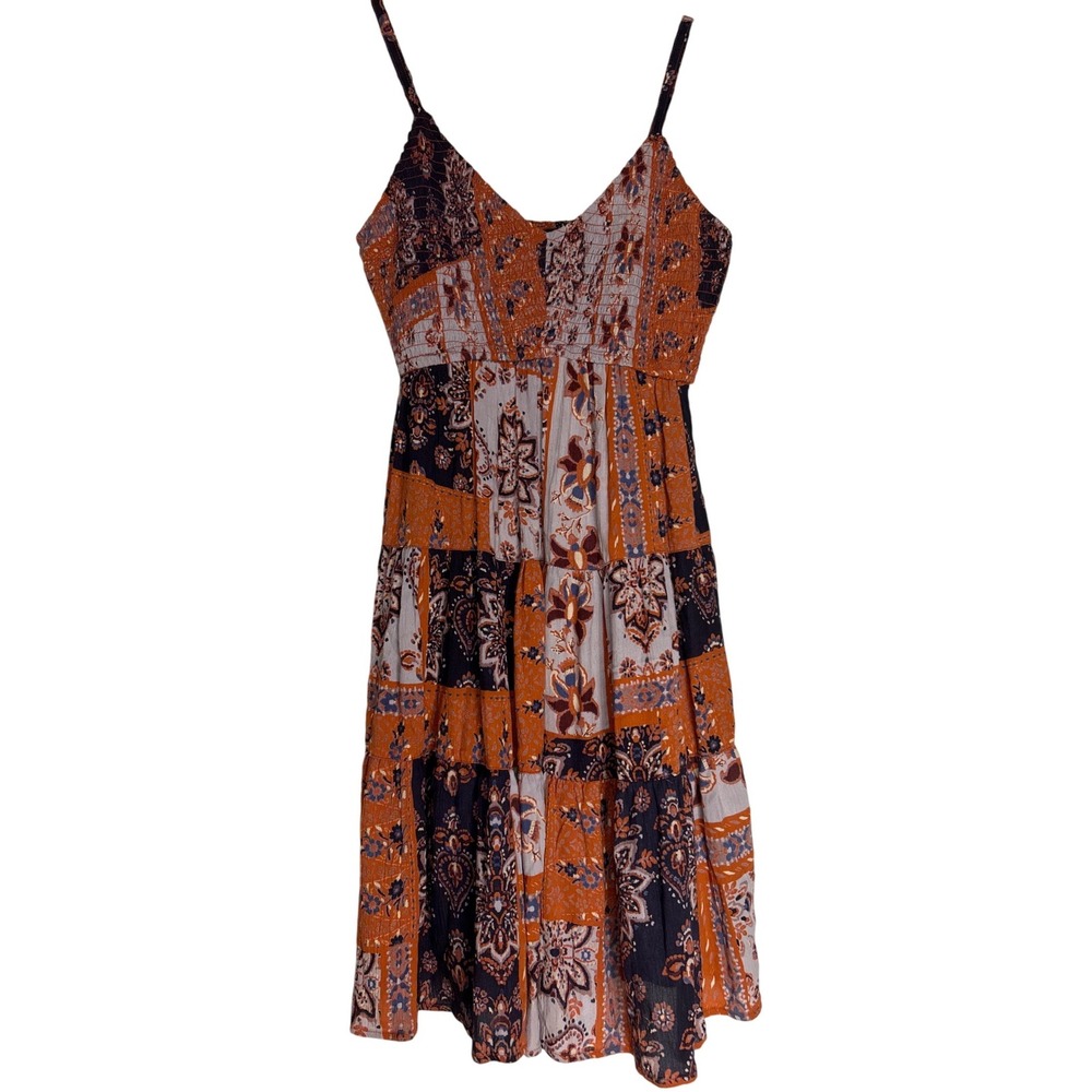 Angie Boho Patchwork Sun Dress Orange Navy Smocked Tiered Floral Rayon Medium